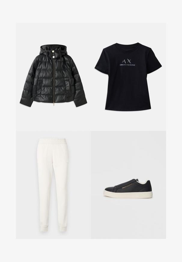 Črna napihnjena jakna s kapuco, izdelana iz umetnega usnja. Ima rebrasto teksturo, sprednji zadrgo, pritisne gumbe in dva stranska žepa.; Črna kratkoperemna majica z okroglim izrezom. Vsebuje logotip "AX" in napis "ARMANI EXCHANGE" v kontrastnih belih in kovinskih odtenkih. Mehka tkanina.; Joggers hlače v krem barvi, izdelane iz mehke tkanine, z oprijetim pasom in manšetami. Preprost dizajn brez vidnih vzorcev ali okraskov.; Črne usnjene slip-on superge z belim podplatom, z zlatim logotipom "Armani Exchange" na strani in minimalističnim šivanjem.