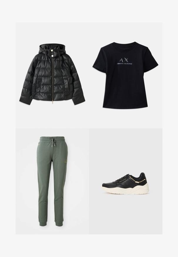 Casaco puffer preto com capuz, feito de couro sintético. Apresenta textura canalada, fecho éclair frontal, botões de pressão e dois bolsos laterais.; T-shirt preta de manga curta com decote redondo. Apresenta o logótipo "AX" e o texto "ARMANI EXCHANGE" com contrastes em branco e acabamentos metálicos. Tecido suave.; Calças de fato de treino verdes feitas de um tecido suave, com um cós elástico com cordão e punhos nos tornozelos. Detalhe do logótipo dourado de um lado.; Tênis de couro preto com uma sola cremosa grossa, detalhe em corrente dourada e atacadores pretos. Textura suave com logotipo em relevo na lateral.
