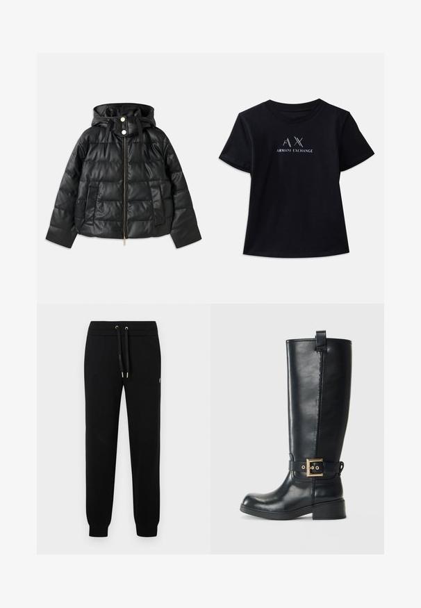 Black puffer jacket with a hood, made of faux leather. Features ribbed texture, a front zipper, snap buttons, and two side pockets.; Black short-sleeve t-shirt with crew neck. Features "AX" logo and "ARMANI EXCHANGE" text in contrasting white and metallic accents. Soft fabric.; Black jogger pants with elastic waistband and drawstring, ribbed cuffs, and subtle logo detail on the side leg.; Black knee-high leather boot with a low block heel, decorative gold buckle strap around the ankle, and a pull tab at the top.