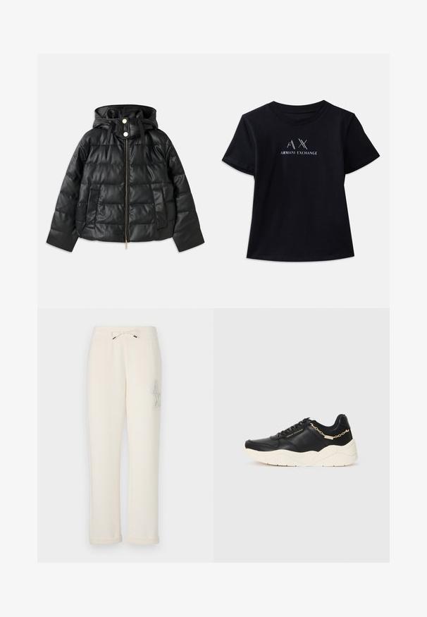 Svart boblejakke med hette, laget av faux lær. Har ribbet tekstur, frontglidelås, trykknapper og to sidelommer.; Svart kortermet t-skjorte med rund hals. Har "AX" logo og "ARMANI EXCHANGE" tekst i kontrastfarger i hvitt og metalliske aksenter. Myk stoff.; Kremfargede joggebukser laget av mykt materiale. Har strikk i livet med snøring og et dekorativt logo på siden.; Svarte lærersneakers med en kraftig kremfarget såle, gullfarget kjedeaccent og svarte snøring. Glatt tekstur med preget merkevare på siden.