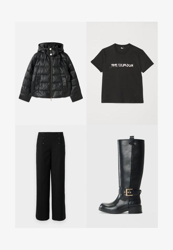 Juodas pūkinis švarkas su kapišonu, pagamintas iš dirbtinės odos. Turi raukšlėtą tekstūrą, priekinį užtrauktuką, spaustukus ir dvi šonines kišenes.; Juodas medvilninis marškinėliai trumpomis rankovėmis, su spausdintu baltu ir pilku „THE 2LOOK“ dizainu priekyje. Klasikinis apvalus iškirpimas.; Juodos plačios kojų kelnės, pagamintos iš lygaus audinio, su aukštu liemeniu ir penkiomis priekinėmis sagomis užsegimui. Iš elegantiško, pritaikyto dizaino.; Juoda odinė aukščiau kelių batas su žemu bloku kulnu, dekoratyvi auksinė sagtis aplink čiurną ir traukiantis kilpelis viršuje.