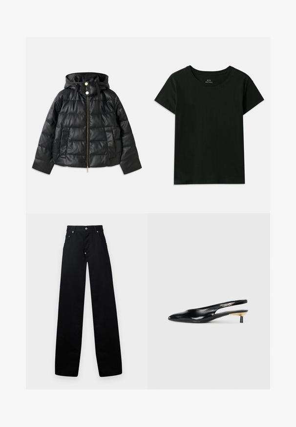 Schwarze Pufferjacke mit Kapuze, aus Kunstleder gefertigt. Verfügt über eine gerippte Textur, einen vorne liegenden Reißverschluss, Druckknöpfe und zwei Seitentaschen.; Schwarzes kurzärmeliges T-Shirt aus Baumwolle. Verfügt über einen Rundhalsausschnitt und geprägten "Armani Exchange"-Schriftzug entlang der Schulter. Einfaches Design.; Schwarze weit geschnittene Baumwollhosen mit Reißverschluss, zwei Fronttaschen und einem klassischen Fünf-Taschen-Design mit metallenen Hardware-Accenten.; Schwarze Slingback-Pumps mit spitzem Zehenbereich, glänzendem Lederfinish und kleinem Absatz mit goldenen Akzenten. Elegantes Design mit offenem Rücken.
