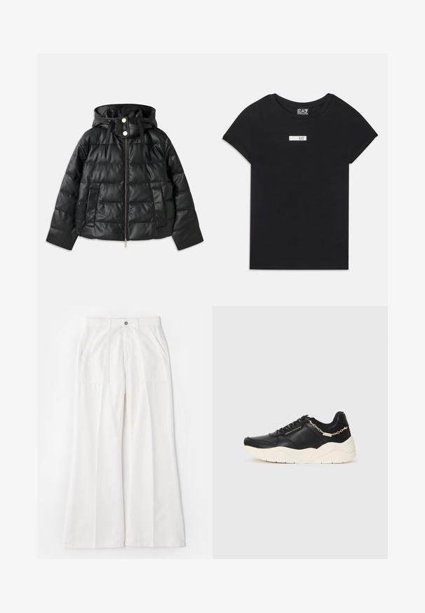 Černá péřová bunda s kapucí, vyrobená z umělé kůže. Obsahuje žebrovanou texturu, přední zip, patentky a dvě boční kapsy.; Černé tričko s krátkým rukávem vyrobené z bavlny, s bílou obdélníkovou nášivkou s nápisem "EA7" na přední části hrudi.; Bílé kalhoty s širokými nohavicemi vyrobené z měkké tkaniny, s předními kapsami a jedním knoflíkem na zapínání, s čistým, minimalistickým designem.; Černé kožené tenisky se silnou krémovou podrážkou, zlatým řetízkovým akcentem a černými tkaničkami. Hladký povrch s embosovaným logem po straně.