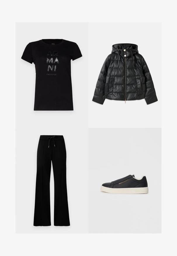 Giubbotto puffo nero con cappuccio, realizzato in pelle sintetica. Presenta una texture a costine, una cerniera frontale, bottoni a pressione e due tasche laterali.; Armani Exchange T-shirt basic - black; Pantaloni della tuta neri a gamba ampia con cintura regolabile, dettagli con fessure laterali, tessuto morbido e design elegante.; Sneaker slip-on in pelle nera con suola bianca, logo dorato "Armani Exchange" sul lato e dettaglio di cucitura minimalista.