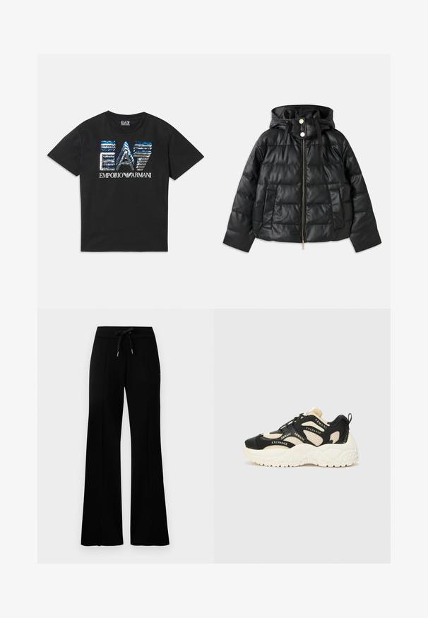 Črna napihnjena jakna s kapuco, izdelana iz umetnega usnja. Ima rebrasto teksturo, sprednji zadrgo, pritisne gumbe in dva stranska žepa.; Črna majica s kratkimi rokavi s sinjim in srebrnim bleščicami okrašenim logotipom "EA7" ter belim napisom "Emporio Armani" spredaj.; Črne široke trenirke z elastičnim pasom na vrvico, stranskimi razporki, mehkega materiala in elegantnim dizajnom.; Črne in kremne teniske z teksturirano podplatom, mrežastimi paneli in poudarjenim logotipom blagovne znamke. Okrogla konica in vezna zasnova. Prilagodljiv petni del.