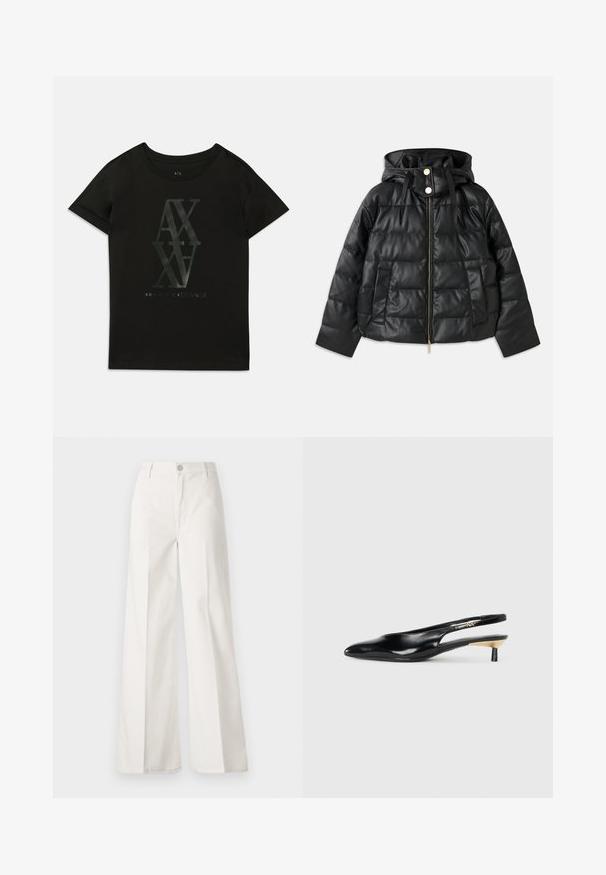 Crna puffer jakna s kapuljačom, izrađena od umjetne kože. Ima rebrastu teksturu, prednji zatvarač, zakovice i dva bočna džepa.; Crna pamučna majica s kratkim rukavima. Ima veliki sjajni otisak s natpisom "AX" i "Armani Exchange" u kontrastnim bojama na sredini.; Bijele široke hlače izrađene od pamuka s glatkom teksturom. Imaju prednji gumb, patentni zatvarač i dizajn s četiri džepa.; Crna slingback štikla s oštrim vrhom, sjajnom kožnom završnom obradom i malom petom s zlatnim naglaskom. Elegantan dizajn s otvorenom stražnjom stranom.