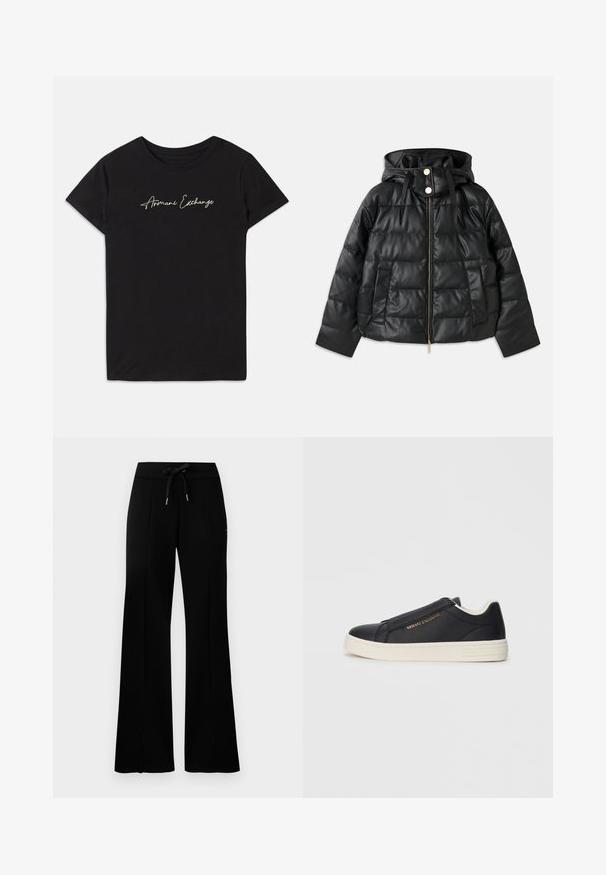 Svart boblejakke med hette, laget av faux lær. Har ribbet tekstur, frontglidelås, trykknapper og to sidelommer.; Svart bomull t-skjorte med korte ermer og rund hals, prydet med en kursiv "Armani Exchange"-logo i hvitt.; Svart vid bukse med snøring i midjen, sidelommer, myk stoff og et elegant design.; Sorte lær slip-on sneakers med hvit såle, gull "Armani Exchange"-logo på siden, og minimalistisk sømdetalj.