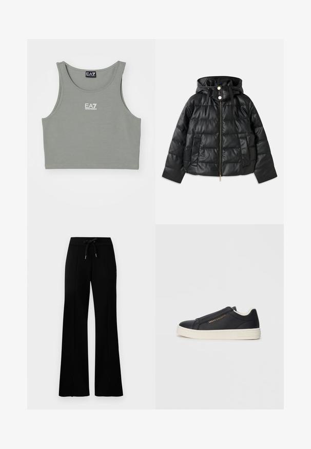 Black puffer jacket with a hood, made of faux leather. Features ribbed texture, a front zipper, snap buttons, and two side pockets.; Sleeveless cropped top in light gray, made of soft fabric. Features a round neckline and a small white logo on the front.; Black wide-leg sweatpants with a drawstring waistband, side slit accents, soft fabric, and a sleek design.; Black leather slip-on sneaker with white sole, gold "Armani Exchange" logo on side, and minimalist stitching detail.