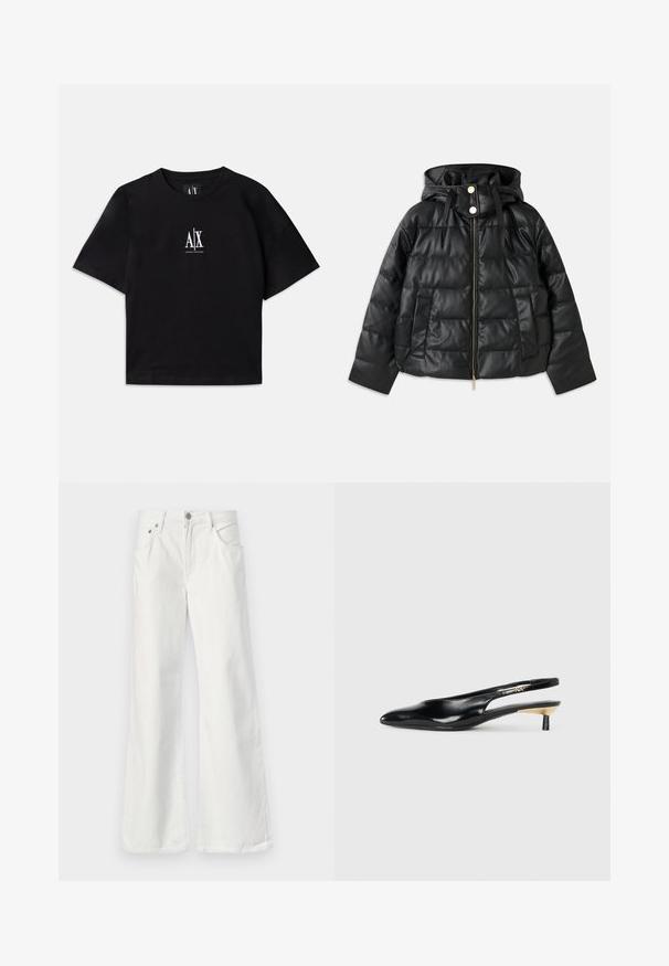 Must must-haves jope, mis on valmistatud eko nahast. Omab soonilise tekstuuri, ees on lukuga ja nööbiga sulgemine ning on varustatud kahe küljetaskuga.; Must musta t-särk lühikeste varrukatega ja ümmarguse kaelusega. Rinnal on keskel valge logo. Lihtne, minimalistlik disain.; Valged denimpüksid, millel on kõrge talje, viie tasku disain ja nähtav õmblemine. Omab metallist nööpi ja lukku.; Mustad seljatoega mustad kontsakingad, millel on terav nina, läikiv nahkviimistlus ja väike kand kuldse detailiga. Sujuv disain avatud seljaprofiiliga.