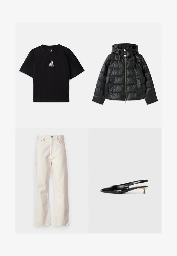 Musta puhvijakku hupulla, valmistettu tekonahasta. Sisältää ribbejä, etuvetoketjun, nepparit ja kaksi sivutaskua.; Musta puuvillainen t-paita lyhyillä hihoilla ja pyöreällä pääntiellä. Keskellä rintaa on valkoinen logo. Yksinkertainen, minimalistinen muotoilu.; Valkoiset farkut suoran lahkeen leikkauksella, joissa on klassinen viiden taskun design, metallinen napitus ja hienovarainen rakenne.; Mustikka slingback-kengät, joissa on terävä kärki, kiiltävä nahkapinta ja pieni korko, jossa on kultainen yksityiskohta. Tyylikäs muotoilu avoimella takana.