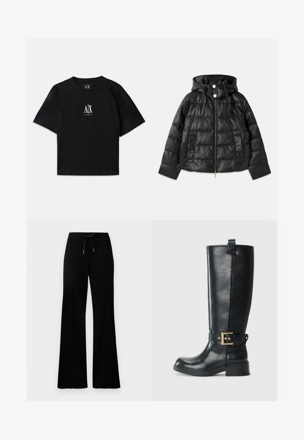 Chaqueta acolchada negra con capucha, hecha de cuero sintético. Presenta textura acanalada, una cremallera frontal, botones a presión y dos bolsillos laterales.; Camiseta de algodón negro con mangas cortas y cuello redondo. Presenta un logo blanco centrado en el pecho. Diseño simple y minimalista.; Pantalones de chándal anchos y negros con cintura elástica y cordón, acentos de abertura lateral, tela suave y un diseño elegante.; Botas de cuero negras hasta la rodilla con un bajo tacón de bloque, correa decorativa con hebilla dorada alrededor del tobillo y una tira en la parte superior.