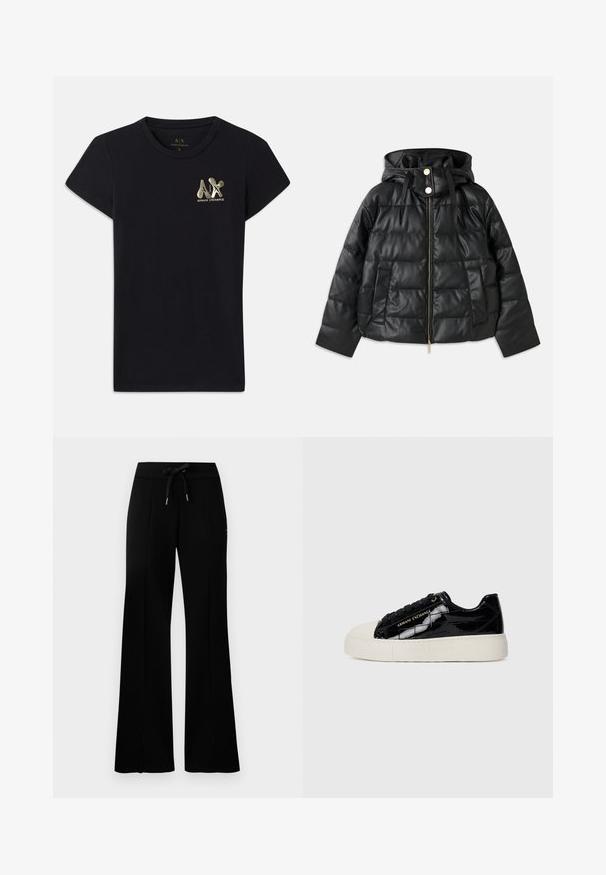 Svart boblejakke med hette, laget av faux lær. Har ribbet tekstur, frontglidelås, trykknapper og to sidelommer.; Svart bomulls T-skjorte med korte ermer, med et gull-logo av "A|X" og "ARMANI EXCHANGE" på venstre bryst. Standard rund hals-design.; Svart vid bukse med snøring i midjen, sidelommer, myk stoff og et elegant design.; Lave sneakers med sort blank krokodillemønster, beige gummisåle og tåhette, sorte snørebånd og gull "Armani Exchange" merkevare på siden.