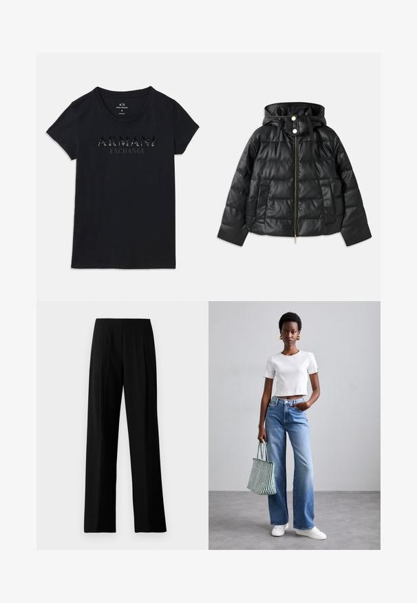 Melnā pūkainā jaka ar kapuci, izgatavota no mākslīgās ādas. Tai ir ribota tekstūra, priekšējais rāvējslēdzis, stiprināšanas pogas un divas sānu kabatas.; Melna īsām piedurknēm T-kreklis no Armani Exchange ar apaļu kaklu un "ARMANI EXCHANGE" logotipu glancētā, punktētā drukā uz krūtīm.; Melnas platās bikses no gludas auduma ar plakanu jostu un priekšējām krokām, kas nodrošina stilīgu izskatu. Nav redzamu metāliste vai rakstu.; Balta ribota īsā krekla, gaiši zilie platā kāju džinsi un baltas sporta kurpes. Tur rokās zaļi un baltie svītrainie iepirkumu maisi.