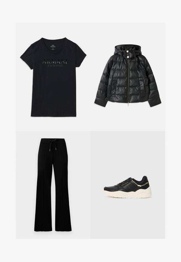 Svart puffjacka med huva, tillverkad av konstläder. Har ribbat mönster, dragkedja fram, tryckknappar och två sidofickor.; Svart kortärmad t-shirt från Armani Exchange med rund hals och "ARMANI EXCHANGE" logotyp i blank, prickig tryck på bröstet.; Svarta vida sweatpants med dragsko i midjan, sidofickor, mjukt tyg och en stilren design.; Svarta lädersneakers med en robust krämfärgad sula, accentuerad med en kedja i guldton och svarta snören. Slät textur med präglad logotyp på sidan.