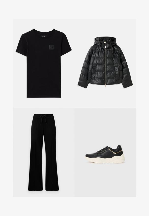Zwarte pufferjack met een capuchon, gemaakt van kunstleer. Heeft een geribbelde textuur, een ritssluiting aan de voorkant, drukknoopsluiting en twee zijzakken.; Zwarte katoenen t-shirt met een ronde halslijn en korte mouwen. Heeft een klein rechthoekig logo-label op de voorkant.; Zwarte brede sweatpants met een tailleband met veters, zijslitsaccenten, zachte stof en een strakke uitstraling.; Zwarte leren sneaker met een chunky crèmekleurige zool, gouden kettingaccent en zwarte veters. Glad oppervlak met een reliëfbranding op de zijkant.