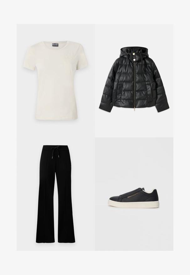 Juodas pūkinis švarkas su kapišonu, pagamintas iš dirbtinės odos. Turi raukšlėtą tekstūrą, priekinį užtrauktuką, spaustukus ir dvi šonines kišenes.; Šviesiai kreminės spalvos trumpomis rankovėmis marškinėliai iš minkštos medžiagos, su apvalia iškirpte ir subtiliu raštu priekyje, arti kairiojo viršaus.; Juodi platūs sportiniai kelnių su raišteliu liemeniu, šoninėmis įpjovomis, minkšta medžiaga ir elegantiškas dizainas.; Juodas odinis sportinis batai be raištelių su baltu padu, auksiniu "Armani Exchange" logotipu šone ir minimalistinėmis siuvimo detalėmis.