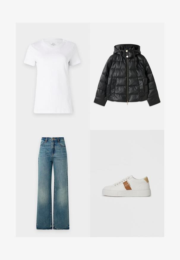 Svart puffjacka med huva, tillverkad av konstläder. Har ribbat mönster, dragkedja fram, tryckknappar och två sidofickor.; Vit bomulls t-shirt med korta ärmar och rund halsringning. Har en subtil, broderad logotyp framtill.; Ljust blå denimbyxor med vida ben har hög midja, fem fickor och något fransade nederkant, vilket framhäver en strukturerad, blekt finish.; Vit lågtopp sneaker med beige hälpatch, brun läderrem med guldspänne och A|X-logotyp, samt präglad Armani Exchange-sula.