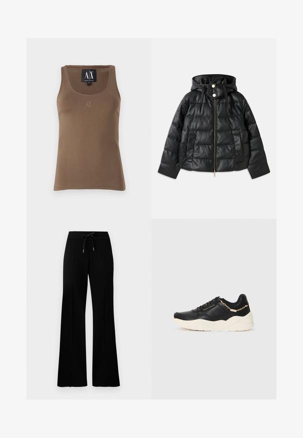 Black puffer jacket with a hood, made of faux leather. Features ribbed texture, a front zipper, snap buttons, and two side pockets.; Brown cotton tank top with a scoop neckline, side seam stitching, and a small embroidered logo on the chest. Smooth texture.; Black wide-leg sweatpants with a drawstring waistband, side slit accents, soft fabric, and a sleek design.; Black leather sneaker featuring a chunky cream sole, gold-tone chain accent, and black laces. Smooth texture with embossed branding on the side.