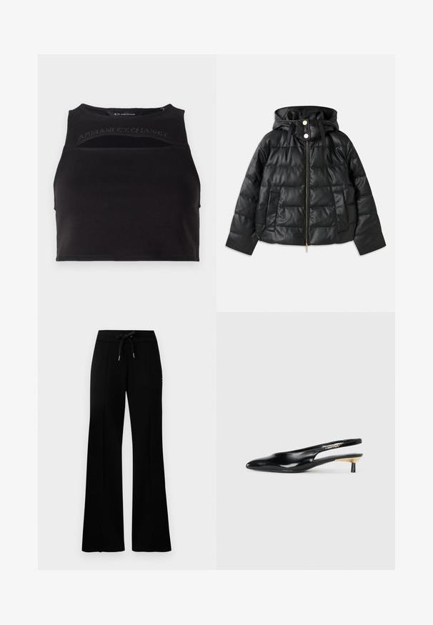 Fekete puffasztott dzseki kapucnival, műbőrből készült. Bordázott textúrával, elöl cipzáros, patentgombokkal, és két oldalzsebbel rendelkezik.; Fekete, rövidített trikkó, sima anyagból készült, kivágott részletekkel és elöl strasszos betűkből készült logóval. Egyszerű, sportos sziluett.; Fekete, bő lábú melegítőnadrág, befestett derékkal, oldalsó hasítékokkal, puha anyagból készült, letisztult dizájnnal.; Fekete slingback pump, hegyes orral, fényes bőr felülettel és kis sarokkal, arany kiegészítéssel. Elegáns kialakítás nyitott háttal.