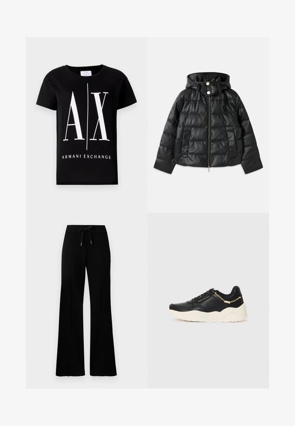 Czarna kurtka puchowa z kapturem, wykonana z sztucznej skóry. Posiada strukturalną teksturę, zamek błyskawiczny z przodu, zatrzaski oraz dwie boczne kieszenie.; Czarna bawełniana koszulka z dużym białym logo "AX" oraz napisem "ARMANI EXCHANGE". Klasyczny okrągły dekolt i krótkie rękawy.; Czarne szerokie spodnie dresowe z elastycznym pasem typu drawstring, z bocznymi rozcięciami, wykonane z miękkiego materiału i o eleganckim fasonie.; Czarne skórzane sneakersy z masywną kremową podeszwą, złotą łańcuszkową ozdobą i czarnymi sznurowadłami. Gładka tekstura z wytłoczonym logo z boku.