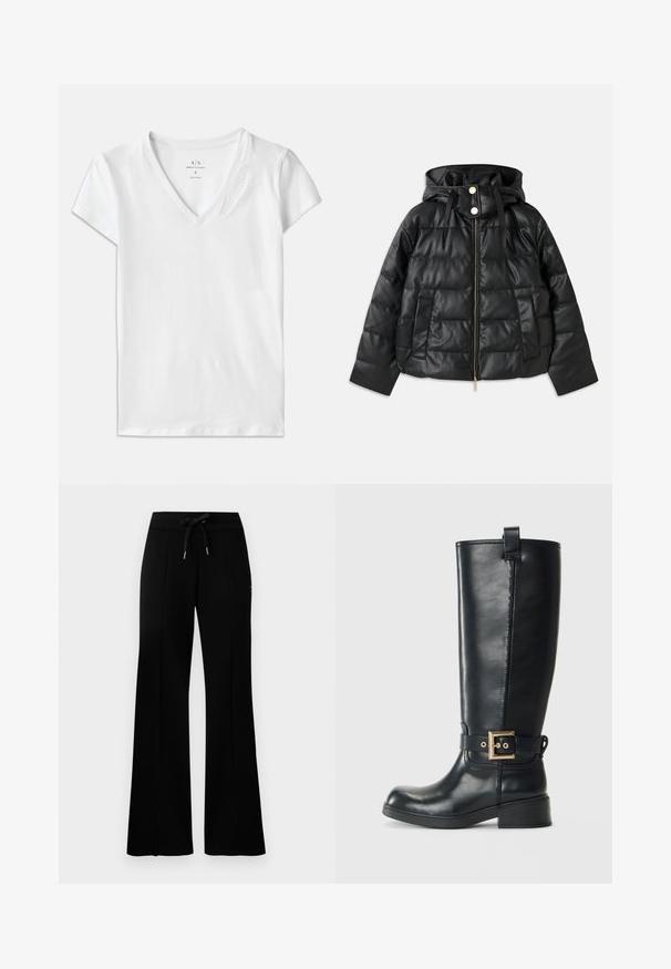 Svart boblejakke med hette, laget av faux lær. Har ribbet tekstur, frontglidelås, trykknapper og to sidelommer.; Hvit kortermet V-hals t-skjorte laget av bomull, med en subtil hevet "Armani Exchange" detalj på kragen.; Svart vid bukse med snøring i midjen, sidelommer, myk stoff og et elegant design.; Sorte knelange læderstøvler med en lav blokhæl, dekorativ guldfarvet spænde om anklen og en løkke øverst.