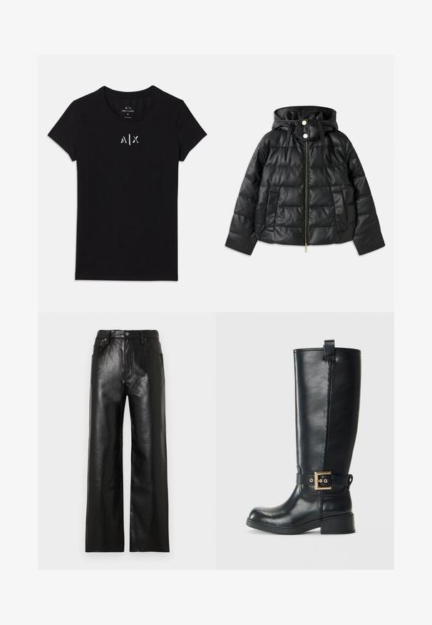 Sort puffjakke med hætte, lavet af faux læder. Har ribbet tekstur, en frontlynlås, trykknapper og to sidelommer.; Sort kortærmet Armani Exchange T-shirt med rund halsudskæring og lille hvid "A|X" logo centreret på brystet.; Sorte brede bukser i læder med en glinsende finish, udstyret med forlommer, lynlås og knaplukning. Glat tekstur over det hele.; Sort knælange læderstøvler med lav blokhæl, dekorativ guldspænde rundt om anklen og en træksløjfe øverst.
