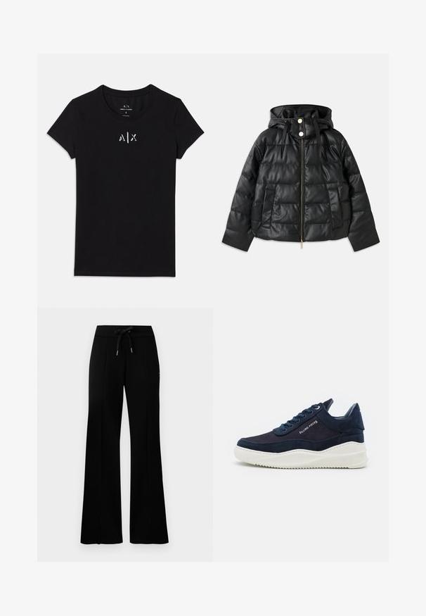 Črna napihnjena jakna s kapuco, izdelana iz umetnega usnja. Ima rebrasto teksturo, sprednji zadrgo, pritisne gumbe in dva stranska žepa.; Črna majica z kratkimi rokavi Armani Exchange z okroglo ovratnico in majhnim belim logotipom "A|X" na sredini prsnega dela.; Črne široke trenirke z elastičnim pasom na vrvico, stranskimi razporki, mehkega materiala in elegantnim dizajnom.; Temno modri semiš športniki z belimi gumijastimi podplati, okroglo prstno področje in vezalni dizajn. Imajo detajl logotipa na strani in teksturirane poudarke.