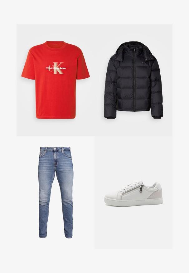 Chaqueta de plumas negra con cierre de cremallera en la parte delantera, de longitud corta, diseño acolchado y cuello alto. Presenta un logotipo en el lado izquierdo del pecho y puños elásticos.; Sudadera negra de mezcla de algodón, con cuello redondo, hombros caídos y un pequeño logotipo 'CK' en blanco en el pecho.; Camiseta de algodón roja con un gran logotipo gráfico en blanco que dice "Calvin Klein Jeans" con un "CK" estilizado. Manga corta y cuello redondo.; Vaqueros ajustados azules con cinco bolsillos, lavado desgastado, cierre de botón y presillas para cinturón, exhibidos sobre un fondo blanco.; Zapatilla blanca con material de cuero suave, acento en gamuza beige contrastante en el talón y detalle de cierre de cremallera en el lado.