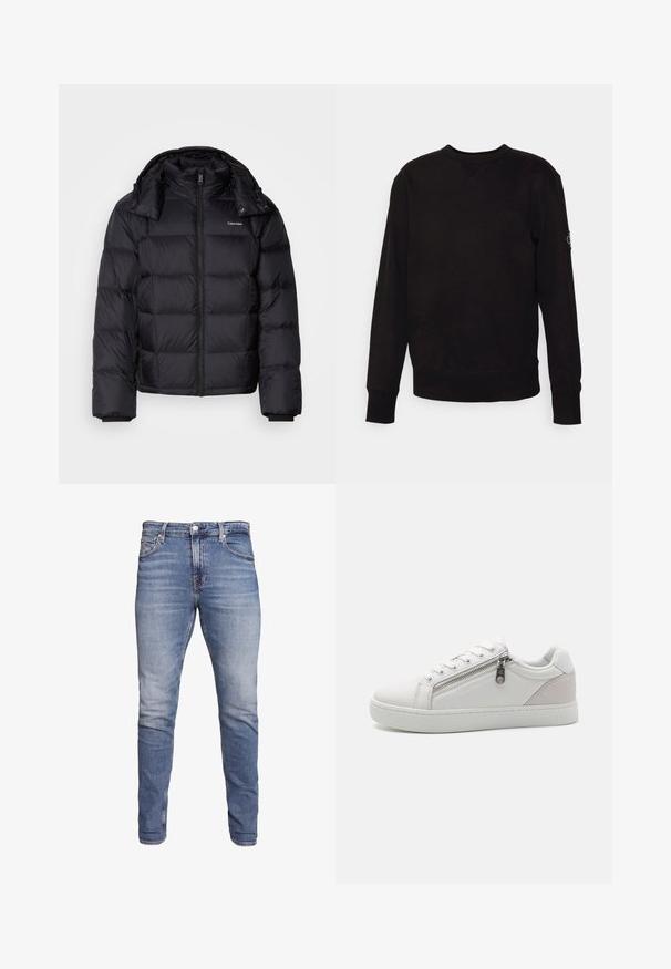 Musta puffatakki, jossa on vetoketju edessä, lyhyt pituus, tikkimuotoilu ja korkea kaulus. Tarjoaa logon vasemmassa rinnassa ja joustavat hihansuut.; Musta crewneck-huppari, joka on valmistettu puuvillasta. Sen hihoissa ja helmassa on ribbireunat, ja vasemmassa hihassa on pieni logopatch. Pintaa on tasainen ja sileä.; Siniset slim-fit farkut, joissa on viisi taskua, haalistunut pesu, nappi suljenta ja vyölenkit, esillä valkoista taustaa vasten.; Valkoinen sneaker, jossa on sileä nahkamateriaali, kontrastoiva beige mokkanahka-akseli kantapäässä ja vetoketjukiinnitys sivussa.