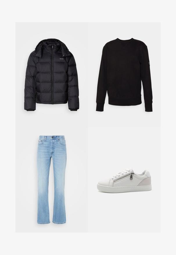 Fekete puff kabát cipzárral elöl, rövid szabású, steppelt mintázattal és magas gallérral. Bal mellkason logo található, rugalmas mandzsettákkal.; Fekete, pamut anyagú, kerek nyakú pulóver. Rugalmas mandzsettákkal és alsó résszel rendelkezik, bal ujjon egy kis logóval. Sima, sima felület.; Világoskék farmeregyenes fazonú, kifakult hatású farmernadrág, öt zsebbel, övhurkokkal és gombos derékrésszel.; Fehér sportcipő sima bőr anyagból, kontrasztos bézs velúr díszítéssel a sarkán, és cipzáras záródással az oldalon.