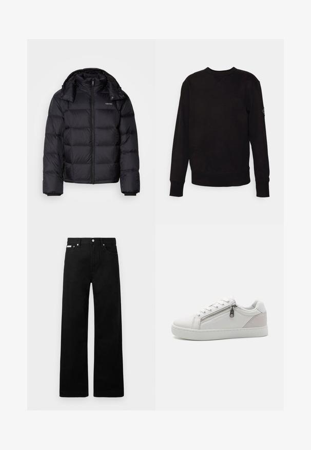 Czarna kurtka puchowa z zamkiem z przodu, krótkiej długości, pikowany wzór i wysoki kołnierz. Posiada logo na lewej piersi oraz elastyczne mankiety.; Czarny sweter z okrągłym dekoltem wykonany z bawełny. Posiada ściągacze przy mankietach i u dołu, z małą naszywką z logo na lewym rękawie. Płaska, gładka powierzchnia.; Czarne dżinsowe spodnie o szerokim kroju, z pięcioma kieszeniami i metalowymi guzikami. Gładka tekstura, bez widocznych wzorów.; Białe sneakersy z gładkiej skóry, z kontrastującym beżowym zamszem na pięcie oraz zamek błyskawiczny po boku.