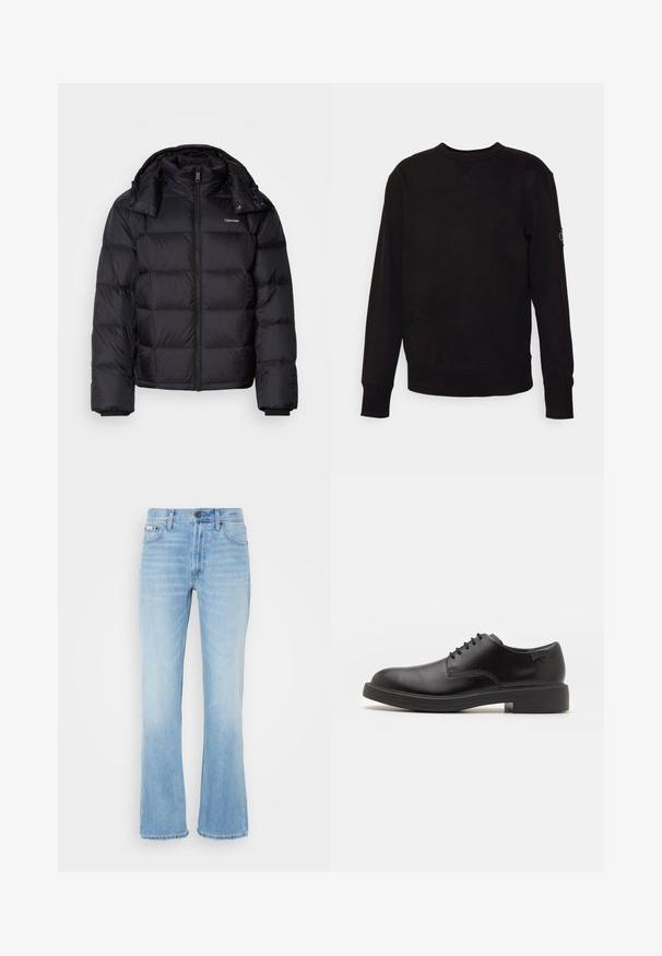 Musta puffatakki, jossa on vetoketju edessä, lyhyt pituus, tikkimuotoilu ja korkea kaulus. Tarjoaa logon vasemmassa rinnassa ja joustavat hihansuut.; Musta crewneck-huppari, joka on valmistettu puuvillasta. Sen hihoissa ja helmassa on ribbireunat, ja vasemmassa hihassa on pieni logopatch. Pintaa on tasainen ja sileä.; Vaaleansiniset farkut, joissa on levenevät lahkeet, haalistunut pinta, viisi taskua, vyölenkit ja napitettava suljenta vyötäröllä.; Mustat nahkasaappaat, joissa on pyöreä kärki, sileä pinta, minimaalinen ommel ja matala kumipohja. Logo kannassa.