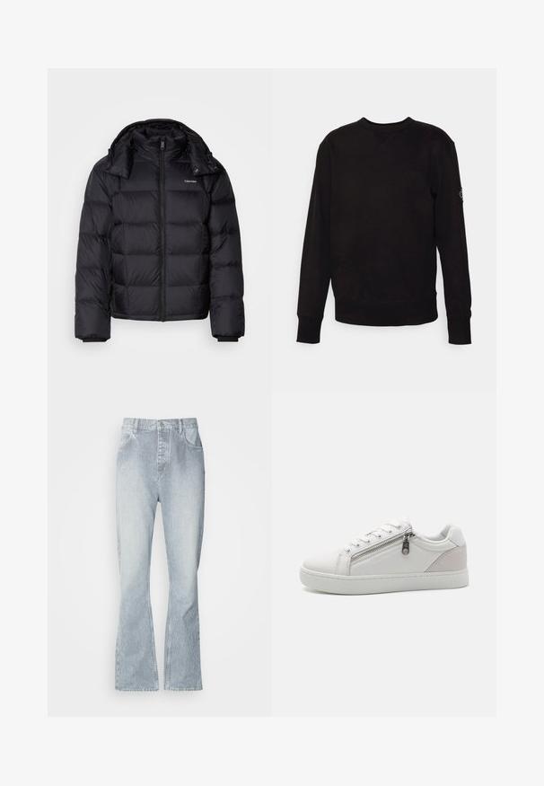 Black puffer jacket with a zip front, short length, quilted design, and a high collar. Features a logo on the left chest and elastic cuffs.; Black crewneck sweatshirt made of cotton. Features ribbed cuffs and hem, with a small logo patch on the left sleeve. Flat, smooth surface.; Light blue striped jeans with a wide-legged cut, featuring a button closure, front pockets, and subtle fading at the hem.; White sneaker featuring smooth leather material, contrasting beige suede accent on the heel, and a zip closure detail on the side.