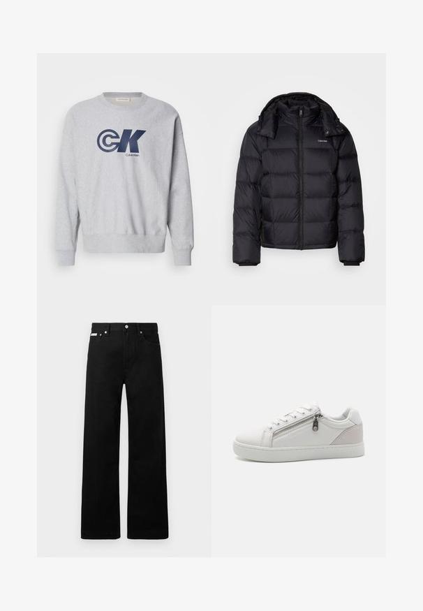 Melna pūkaina jaka ar rāvējslēdzēju priekšā, īsā garumā, ar quilted dizainu un augstu apkakli. Iespējas ietver logo uz kreisās krūtis un elastīgas aproces.; Pelēka kokvilnas džemperis ar apaļu kakla izgriezumu, kuram ir liels tumši zils "CK" logo un "Calvin Klein" teksts. Ribētās aproces un apakša noslēdz dizainu.; Melni džinsi ar platajiem bikšu dizainu, ar piecām kabatām un metāla pogām. Gluda tekstūra, bez redzamām rakstu detaļām.; Baltas sneakers, kas izgatavoti no gludas ādas, ar kontrastējošu bēša zamšādas akcentu uz papēža un sānu rāvējslēdzēju.