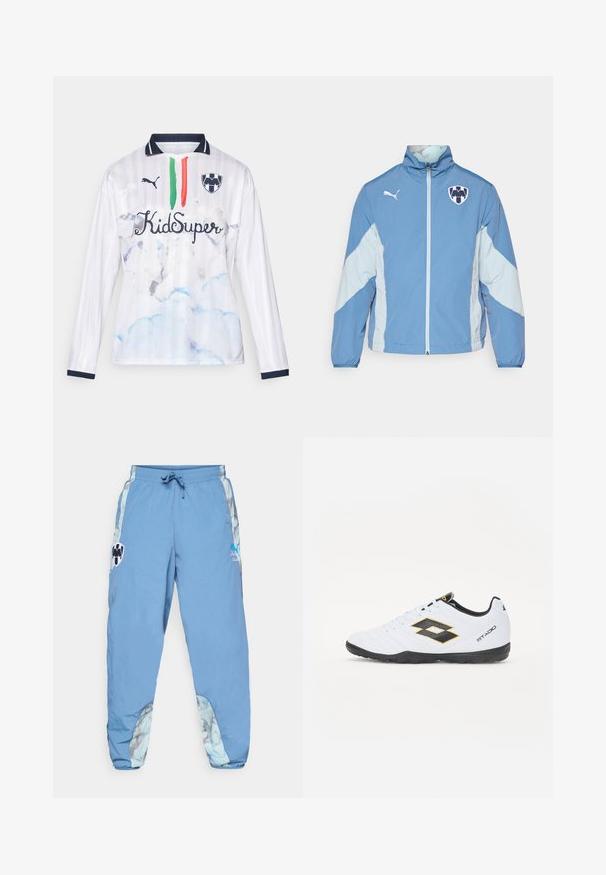 Hele sinine jakk tumedamate siniste detailidega, tõmblukuga, elastsete varrukate otsadega ja logo rinnal. Valmistatud kergest, tekstuuritud kangast.; Valge pikakätline jerser, millel on triibuline disain, sinised pilvemustrid, rohelised ja punased triibud ning tekst "KidSuper". Tumesinised aktsendid krael.; Heledsinine spordipüksid elastse vöökoha, küljetaskute ja madalamatel külgedel abstraktsete mustrite aktsentidega. Omab logodetaile.; Valged spordijalatsid mustade ja kollaste aktsentidega, millel on tekstuuriga pealisosa, ümmargune nina ja must kummist tallad. Disain sisaldab logo detaile külgedel.
