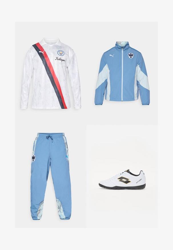 Vaaleansininen takki, jossa tummansiniset korostukset, vetskarlukko, elastiset hihansuut ja logo rinnassa. Valmistettu kevyestä, teksturoidusta kankaasta.; Valkoinen pitkähihaista jalkapallo-paitaa kauluksella, jossa on vino punainen ja musta raita, Puma-logo ja Manchester Cityn tunnus.; Vaaleansiniset urheiluhousut, joissa on joustava vyötärönauha, sivutaskut ja abstraktit kuviointiyksityiskohdat alareunassa. Sisältää logodetaileja.; Valkoiset urheilukengät mustilla ja keltaisilla yksityiskohdilla, joissa on teksturoitu päällinen, pyöreä kärki ja musta kumipohja. Suunnittelussa on logotieto sivulla.