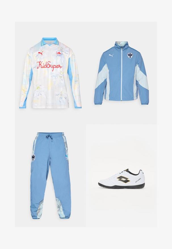 Giacca blu chiaro con accenti blu scuro, chiusura con zip, polsini elasticizzati e logo sul petto. Realizzata in tessuto leggero e testurizzato.; Maglia da calcio a maniche lunghe in colori chiari con stampa floreale. Presenta un colletto azzurro chiaro, il testo rosso "KidSuper" e un logo sul petto.; Pantaloni della tuta azzurro chiaro con vita elastica, tasche laterali e dettagli decorativi a motivo astratto sui lati inferiori. Presenta dettagli con logo.; Scarpe da sport bianche con accenti neri e gialli, dotate di una tomaia texturizzata, punta rotonda e una suola in gomma nera. Il design include un dettaglio del logo sul lato.