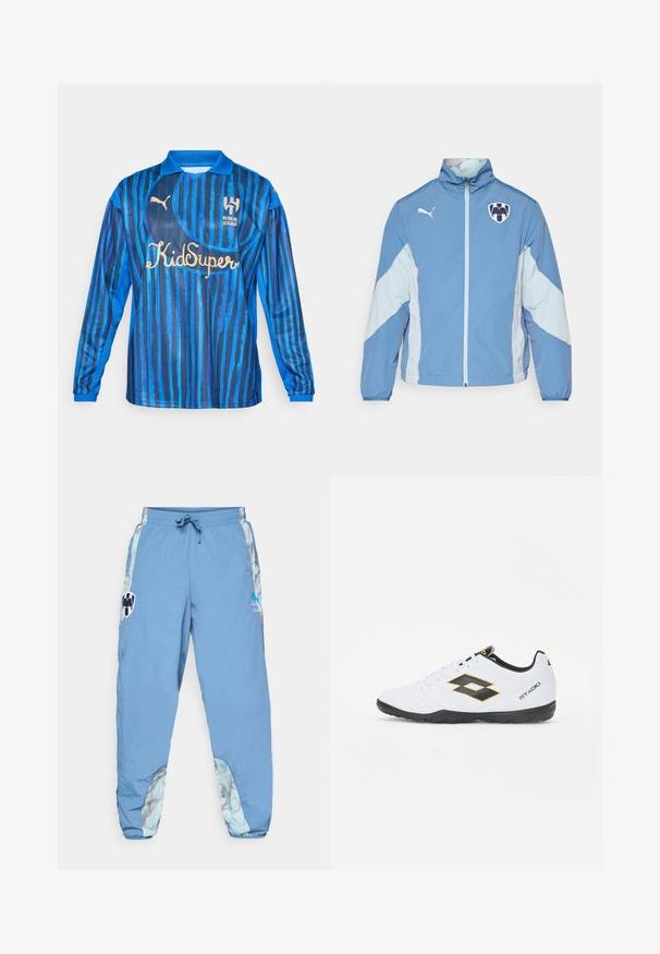 Light blue jacket with darker blue accents, zip closure, elastic cuffs, and logo on the chest. Made from lightweight, textured fabric.; Blue long-sleeve football jersey featuring vertical stripes, a collar, and logos in gold on the front. Made of smooth, lightweight material.; Light blue track pants with an elastic waistband, side pockets, and abstract patterned accents on the lower sides. Features logo details.; White sports shoes with black and yellow accents, featuring a textured upper, round toe, and a black rubber sole. The design includes a logo detail on the side.