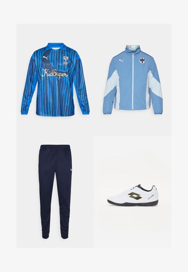 Svijetloplavi jakna s tamnijim plavim akcentima, zatvaranje na zip, elastične manšete i logo na prsima. Izrađena od lagane, teksturirane tkanine.; Plavi nogometni dres s dugim rukavima, s vertikalnim prugama, ovratnikom i zlatnim logotipima sprijeda. Izrađen od glatkog, laganog materijala.; Mornarska atletska hlače izrađene od laganog materijala, s elastičnom stražnjom trakom i suženim nogavicama. Mali bijeli logo detalj sa strane.; Bijele sportske cipele s crnim i žutim akcentima, sa teksturiranim gornjištem, okruglim prstom i crnim gumennim potplatom. Dizajn uključuje logo detalj sa strane.