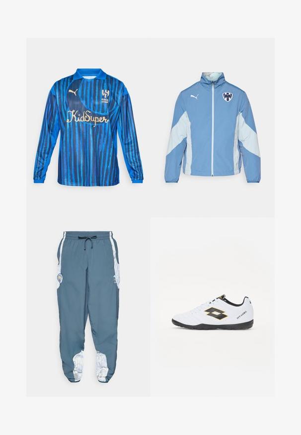 Svijetloplavi jakna s tamnijim plavim akcentima, zatvaranje na patentni zatvarač, elastične manžete i logotip na prsima. Izrađena od lagane, teksturirane tkanine.; Modra nogometna majica dolgih rokavov z navpičnimi črtami, ovratnikom in zlatimi logotipi na sprednji strani. Narejena iz gladkega, lahkega materiala.; Hlače za sledenje iz modrega blaga z elastičnim pasom in vrvico. Stranski detajli vsebujejo bel vzorec. Vključuje oznako blagovne znamke.; Bele športne čevlje z črnimi in rumenimi detajli, z teksturiranim zgornjim delom, okroglo konico in črnim gumijastim podplatom. Oblikovanje vključuje logotip na strani.