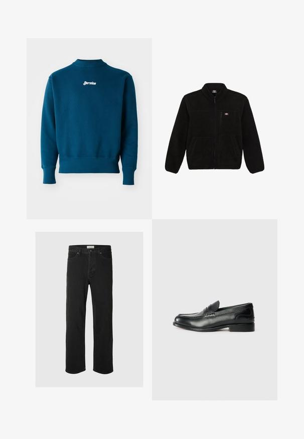 Crna polarna jakna sa zatvaračem sprijeda, visokim ovratnikom i dva prednja džepa. Ima mali logo na gornjem lijevom dijelu prsnog koša.; Tirkizna dukserica s rebrastim rukavima i donjim rubom, s bijelim izvezenim logom "Service" na gornjem dijelu leđa. Mekana tekstura i kroj s okruglim izrezom.; Crne traperice ravnog kroja s pet džepova imaju klasičan dizajn s kopčanjem na dugme, minimalnim šavovima i mekanom teksturom.; Crne kožne mokasine s glatkom finisiranjem, šivanim detaljima duž gornjeg dijela i lagano povišenim petama.