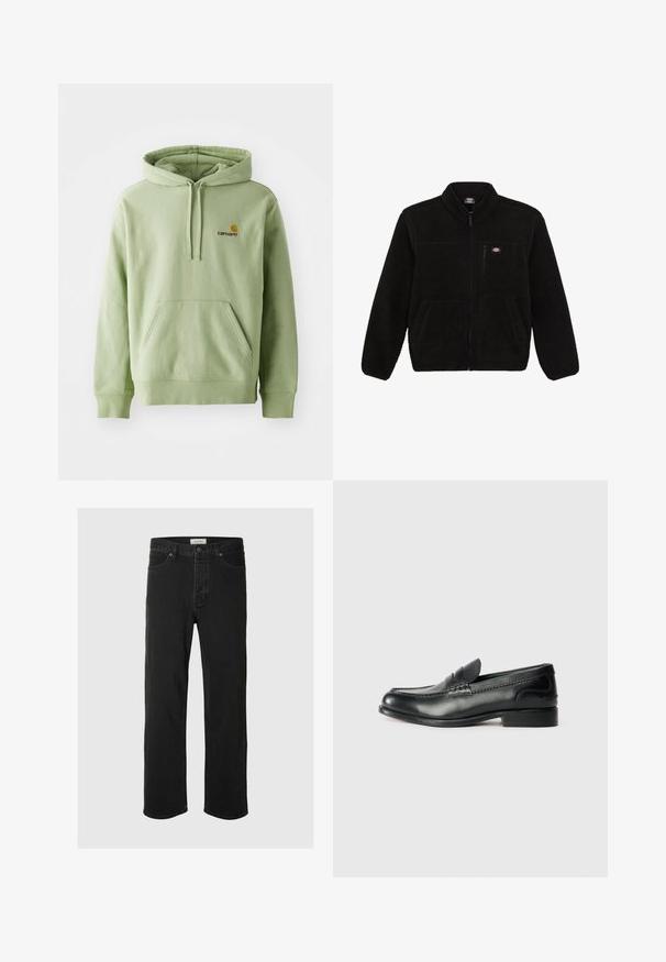 Černá fleecová bunda se zipem vpředu, vysokým límcem a dvěma předními náprsními kapsami. Obsahuje malé logo na horní levé části hrudi.; Světle zelená mikina s kapucí vyrobená z měkké látky, s klokánkovou kapsou, stahovací kapucí a malým vyšívaným logem na hrudi.; Černé džíny rovného střihu mají klasický design se pěti kapsami, zapínání na knoflík, minimální švy a jemnou texturu.; Černé kožené mokasíny s hladkým povrchem, prošívanými detaily na svršku a mírně zvýšeným podpatkem.