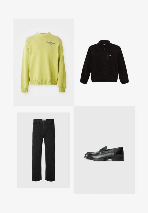 Musta fleece-takki, jossa on vetoketjullinen etuosa, korkea kaulus ja kaksi etupaneelin taskua. Takissa on pieni logo vasemmassa ylärinnassa.; Vaaleanvihreä neulottu neulepaita, jossa on ribbaus kaula-aukossa ja hihoissa. Takana on violetti "Carhartt WIP" -logo, ja malli on rento.; Mustat farkut suoranlahkeiset, joissa on klassinen viisi taskua -design, nappisuljenta, minimaalinen ommel ja pehmeä tekstuuri.; Mustat nahka loafersit, joissa on sileä pinta, ommeltu yksityiskohta vampin yli ja hieman kohotettu korko.