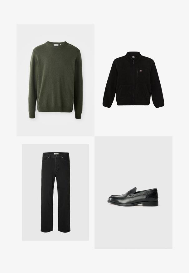 Fekete bolyhos dzseki cipzárral az elején, magas gallérral és két elülső zsebbel. Kicsi logó található a bal felső mellrészen.; Sötétzöld pulóver, kerek nyakkal, hosszú ujjakkal, bordás mandzsettákkal és aljjal, puha textúrájú, egyszerű dizájn, látható minták vagy díszítések nélkül.; Fekete farmer egyenes szárú jezák klasszikus öt zsebes dizájnnal, gombos záródással, minimális varrással és puha tapintással rendelkezik.; Fekete bőr mokaszinok sima felülettel, varrott részletekkel a lábfej részen és kissé megemelt sarokkal.