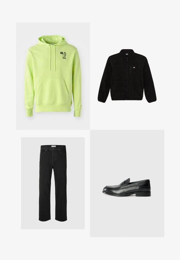 Casaco de fleece preto com fecho éclair na frente, colarinho alto e dois bolsos frontais. Apresenta um pequeno logótipo no canto superior esquerdo do peito.; Sweatshirt verde néon feito de um tecido macio, com um bolso frontal, capuz com cordão e uma pequena ilustração de um astronauta preto no peito.; As calças jeans de ganga preta de perna reta apresentam um design clássico de cinco bolsos, com fecho de botão, costura mínima e uma textura suave.; Mocassins de couro preto com um acabamento suave, detalhes cosidos na parte superior e um salto ligeiramente elevado.