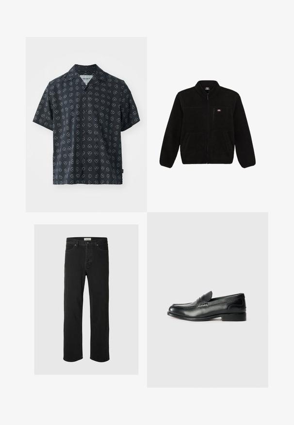 Jachetă din fleece neagră cu fermoar în față, guler înalt și două buzunare aplicate în față. Prezintă un logo mic pe partea superioară stângă a pieptului.; Cămașă cu mâneci scurte din material negru cu buline albe și modele de inimi. Guler cu săgeată; croi lejer; textură ușoară.; Jeans negre din denim cu croi drept, care prezintă un design clasic cu cinci buzunare, închidere cu buton, cusături minime și o textură moale.; Mocasini negri din piele cu un finisaj neted, detalii cusute pe partea de sus și un toc ușor ridicat.
