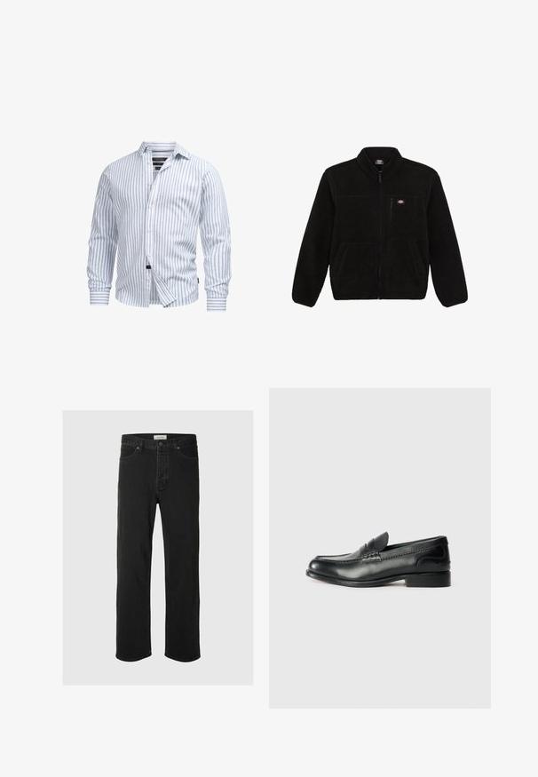 Zwarte fleecejack met een ritssluiting aan de voorkant, hoge kraag en twee voorzakken. Heeft een klein logo op de bovenste linkerborst.; Witte lange mouwen overhemd met lichtblauwe verticale strepen, knoopsluiting aan de voorkant en een zachte textuur. Heeft een op maat gemaakte kraag en manchetten.; Zwarte denim rechte jeans hebben een klassiek vijf-pocket ontwerp met knoopsluiting, minimale stiksels en een zachte textuur.; Zwarte leren instappers met een gladde afwerking, gestikte details over de bovenkant en een licht verhoogde hak.