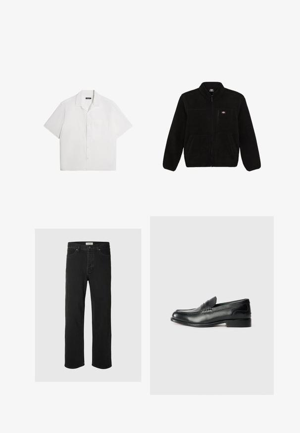 Musta fleece-takki, jossa on vetoketjullinen etuosa, korkea kaulus ja kaksi etupaneelin taskua. Takissa on pieni logo vasemmassa ylärinnassa.; Lyhythihainen valkoinen paita, pehmeä rakenne, nappikiinnitys edessä, levitetty kaulus, yksi rintatasku, rento laatikkomainen muotoilu. Yksivärinen ilman kuvioita.; Mustat farkut suoranlahkeiset, joissa on klassinen viisi taskua -design, nappisuljenta, minimaalinen ommel ja pehmeä tekstuuri.; Mustat nahka loafersit, joissa on sileä pinta, ommeltu yksityiskohta vampin yli ja hieman kohotettu korko.