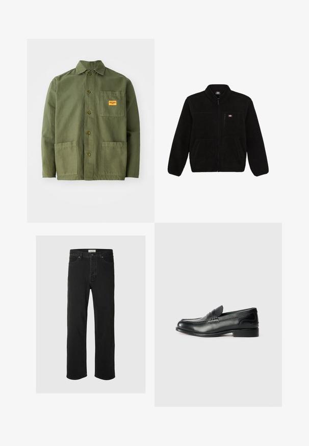 Čierna fleecová bunda so zipsom v prednej časti, vysokým golierom a dvoma prednými vreckami. Obsahuje malé logo na hornej ľavej časti hrude.; Olivovo zelená bunda vyrobená z hrubej bavlny, s špicatým golierom, prednými gombíkmi a dvoma veľkými našitými vreckami. Obsahuje malú nášivku s logom.; Čierne džínsové nohavice so rovnými nohavicami majú klasický dizajn s piatimi vreckami, zapínaním na gombík, minimálnym prešívaním a jemnou textúrou.; Čierne kožené loafers s hladkým povrchom, prešívaním cez vampus a mierne vyvýšeným podpätkom.
