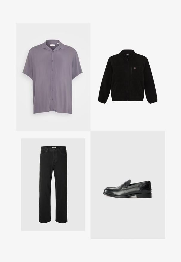 Giacca in pile nera con frontale con zip, colletto alto e due tasche anteriori a toppa. Presenta un piccolo logo sulla parte superiore sinistra del petto.; Camicia a maniche corte, con bottoni, in tessuto grigio chiaro. Presenta un colletto classico, una vestibilità comoda e una texture liscia senza fantasie o dettagli.; I jeans in denim nero a gamba dritta presentano un classico design a cinque tasche con chiusura a bottone, cuciture minime e una texture morbida.; Mocassini in pelle nera con finitura liscia, dettagli cuciti sulla parte superiore e tacco leggermente rialzato.